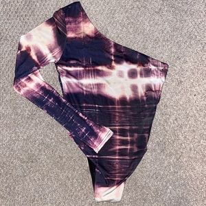 PLT Purple Tie-Die one sleeve body suit.
